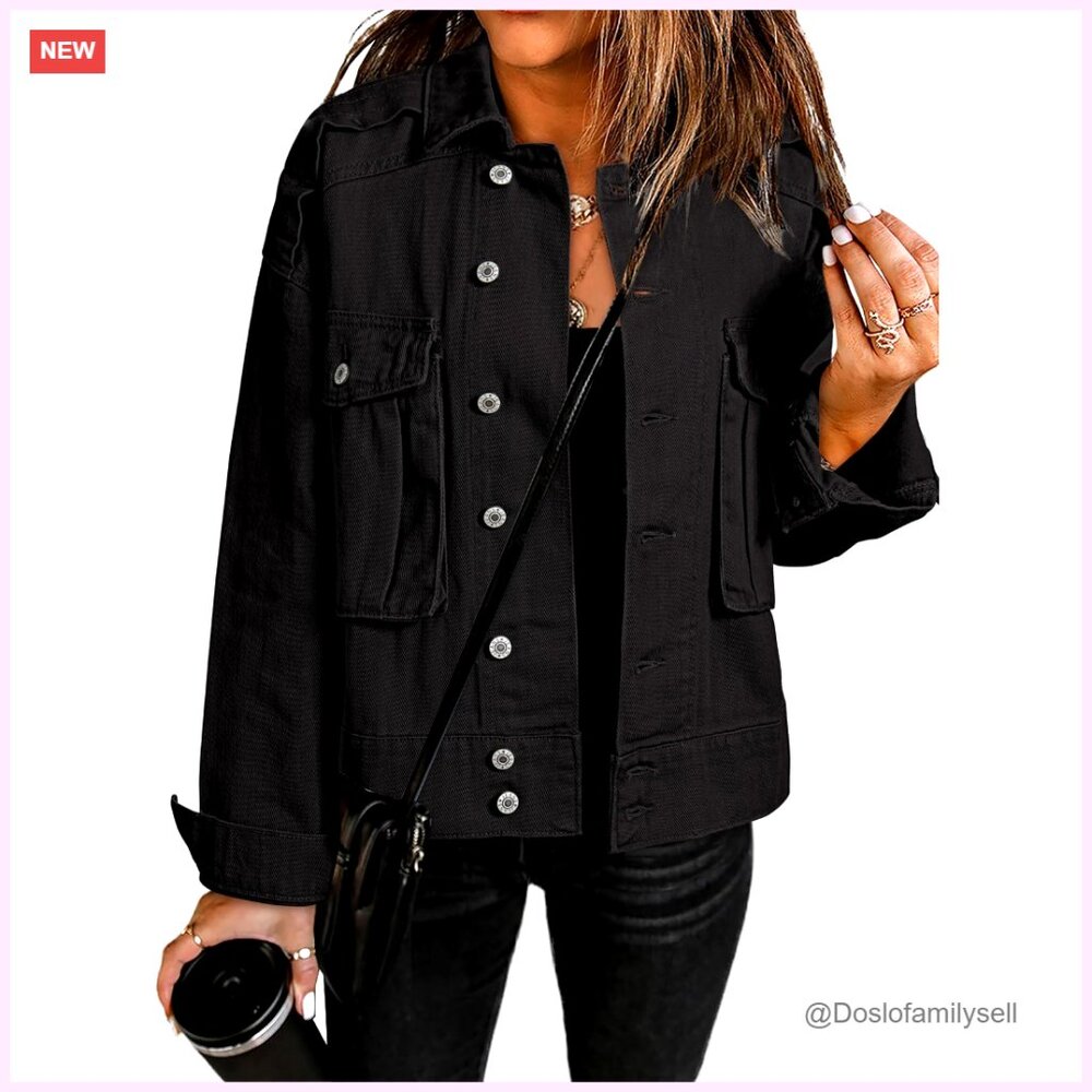 Cropped Cargo Denim Jacket, Button Front, Distres… - image 1